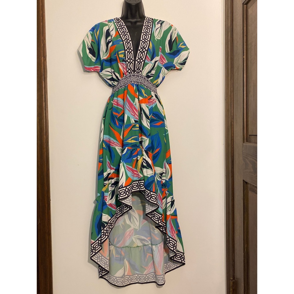 Flying Tomato Tropical Leaf High Low Maxi Dress Green V-Neck Small Resortwear